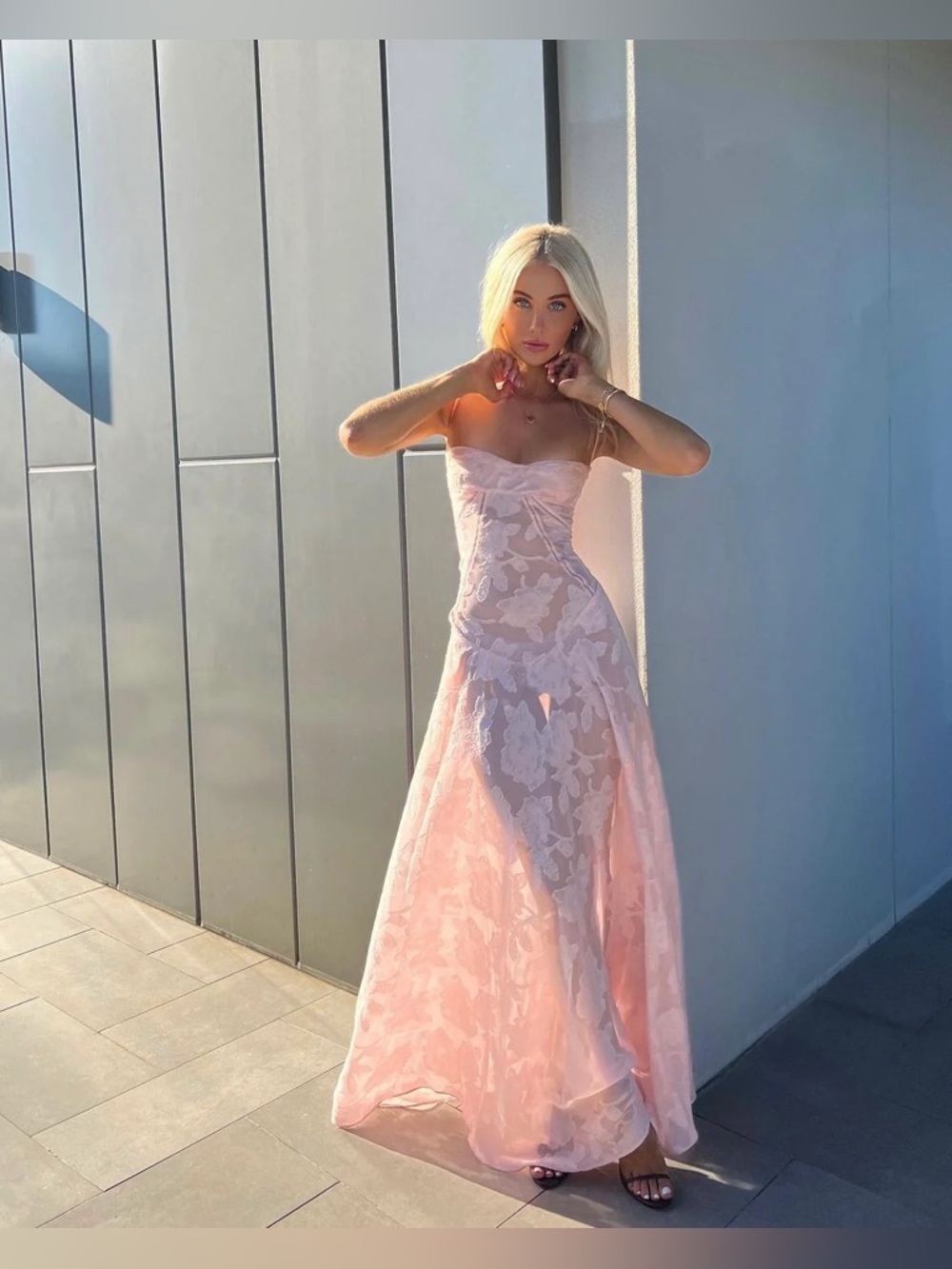 NEW House Of CB Seren Pink Floral Lace Back Maxi Dress Gown Romantic L A-C